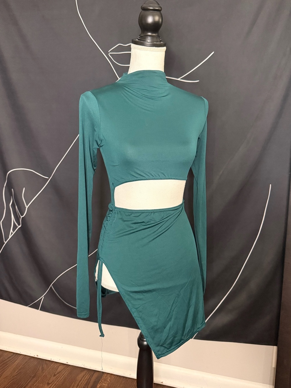 PrettyLittleThing Teal Long-Sleeve Asymmetric Cutout Dress